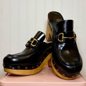 JEFFREY CAMPBELL Beffany Black Leather Clogs with Gold Hardware